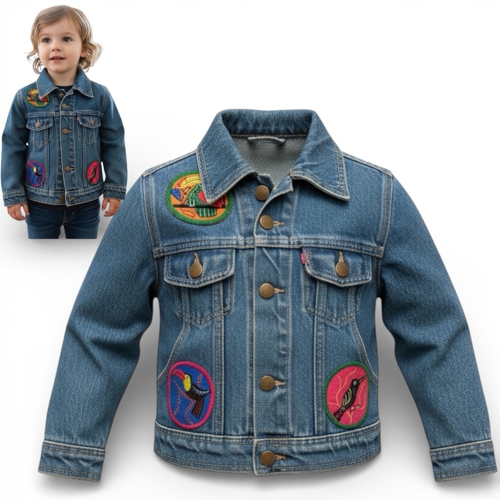 Kids' Denim Jacket with Colorful Hand-crafted MOLA Embroidered Patches Sz 6 kids